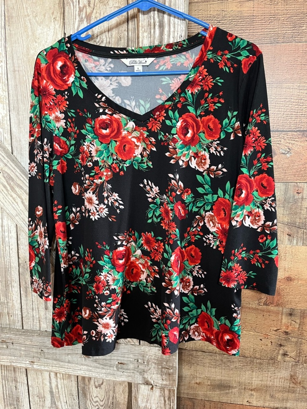 The Pioneer Woman Black V-Neck Floral Long Sleeve Top with Red Roses